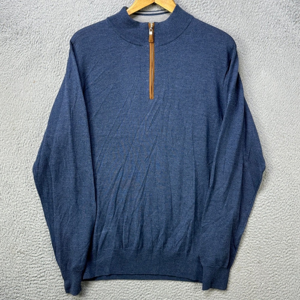 Peter Millar Men Large Sweater Quarter Zip Blue Wool Silk Blend Knit Lightweight